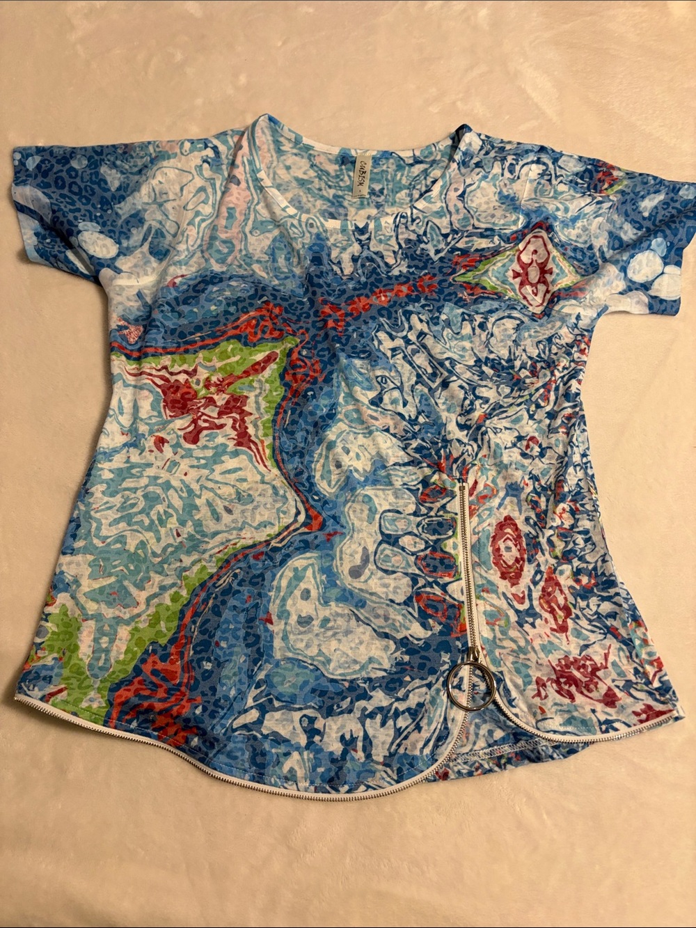 Abstract Blue Short Sleeve Women's Top with Front Zip Accent